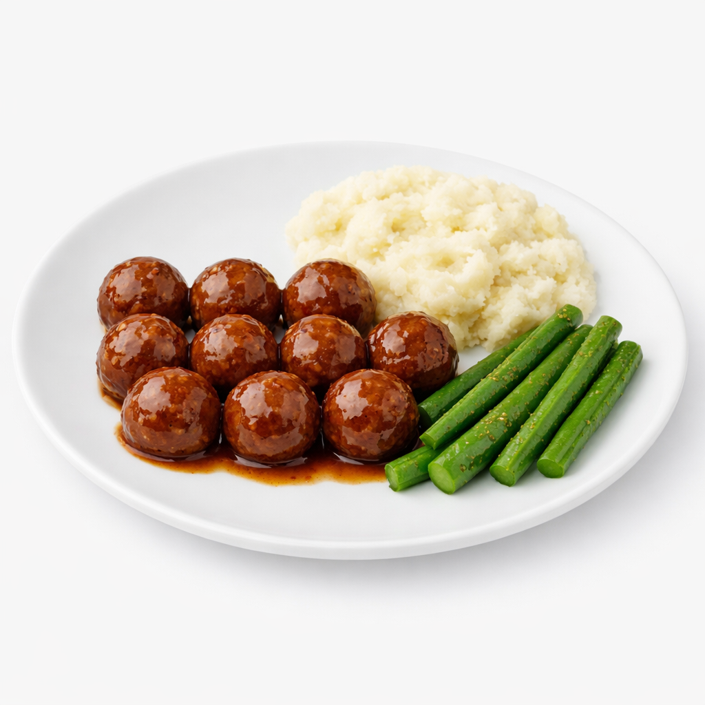Honey Garlic Meatballs with Mashed Potatoes and Green Beans